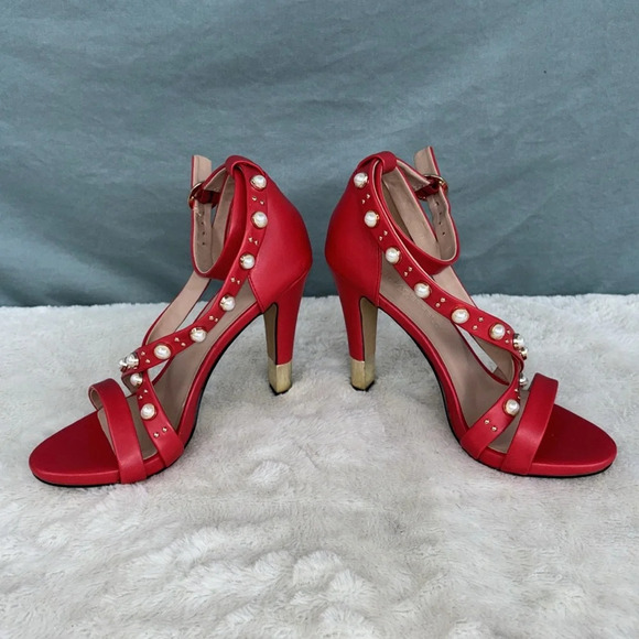 EUC Karl Lagerfeld Cedra Embellished Stilletto Red, Leather Pearl Gold Heels 5.5 - Picture 2 of 7